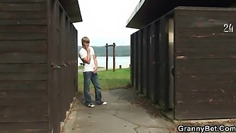 Old Man Pleasures Mature Blonde In Public Changing Room